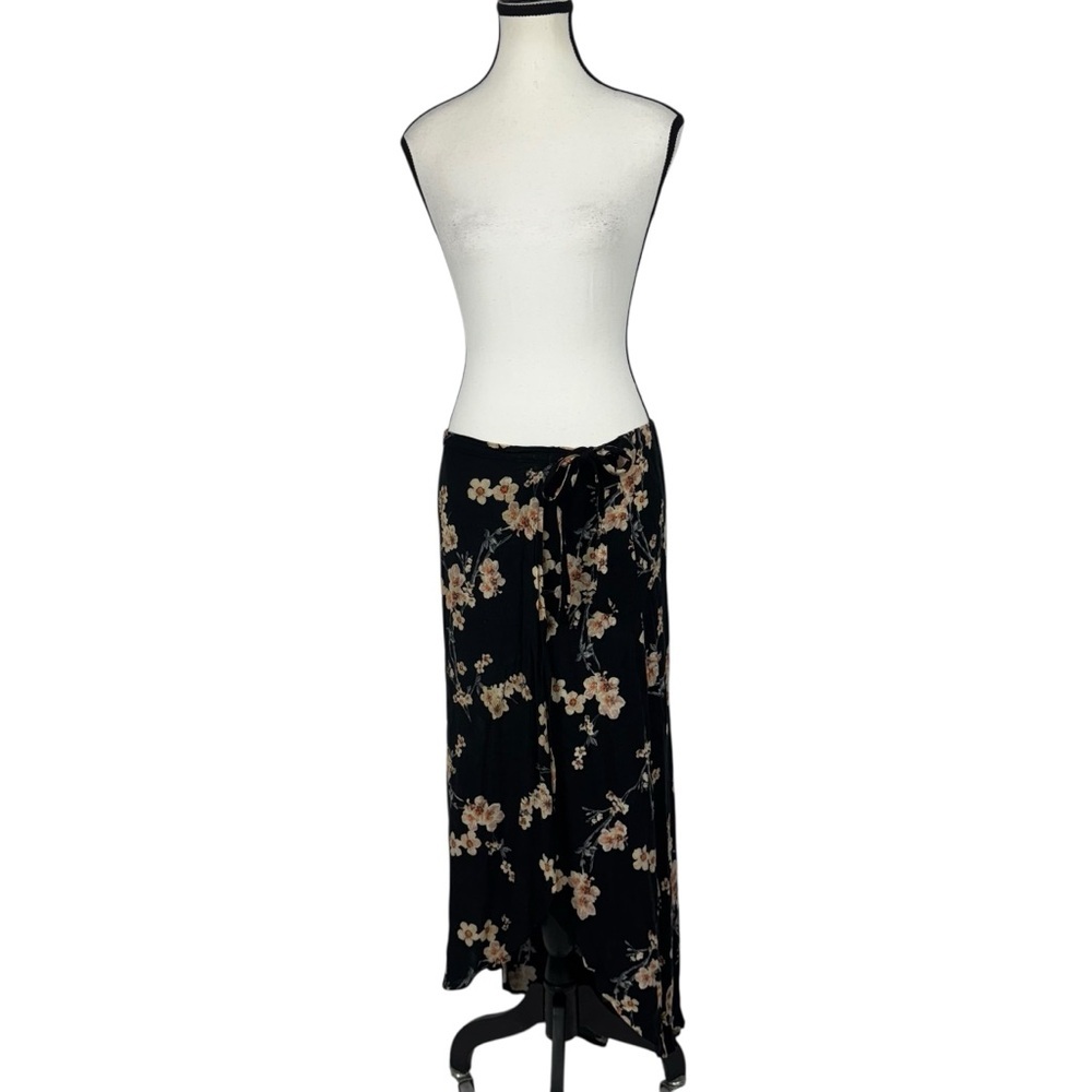 Boho Floral Wrap Skirt Black Pink Midi XS Flowing Lightweight Vacation Casual - Picture 2 of 9